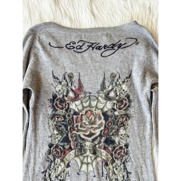 Ed Hardy Vintage Y2K Sweater by Christian Audigier Flower Bird Skull Tattoo Gray - Picture 7 of 13